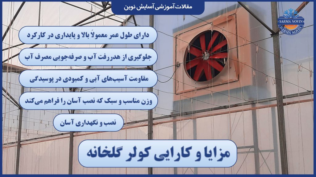کولر گلخانه | بهترین روش خنک کردن گلخانه 3 کولر گلخانهای صنعتی در حال خنکسازی فضای داخلی گلخانه در تابستان